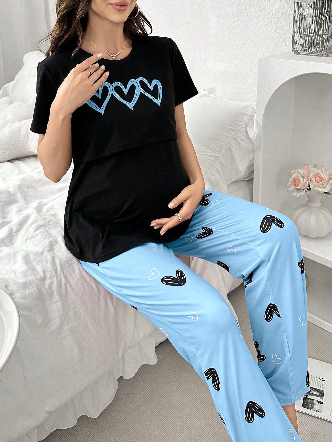 بيجامة حمل مريحة للإرضاع بطباعة القلب - Pink&blue