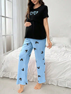 بيجامة حمل مريحة للإرضاع بطباعة القلب - Pink&blue