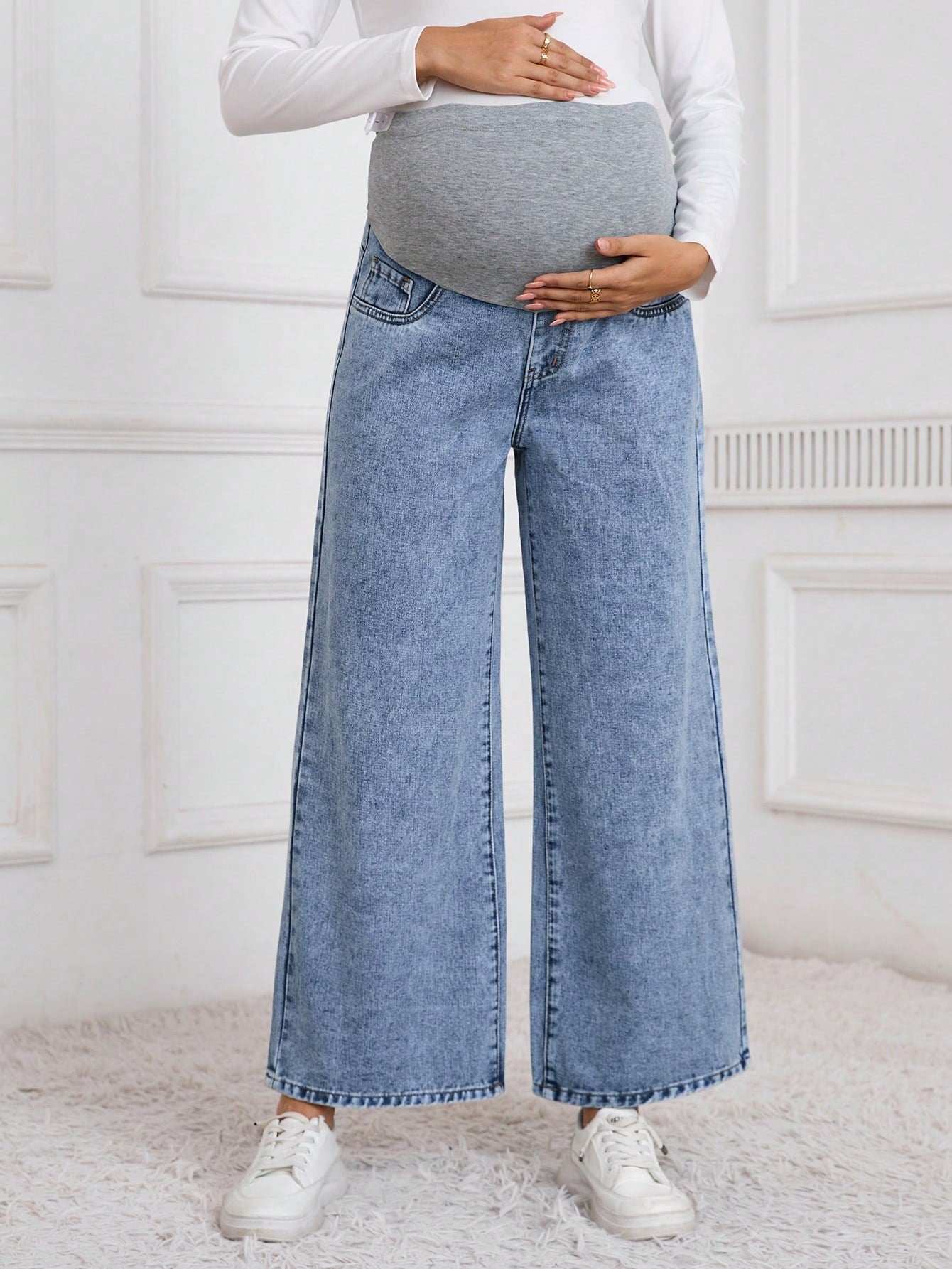 جينز أمومة كاجوال بساق واسع ولون متباين قابل للتعديل الخصر أزرق متوسط - Pink&blue