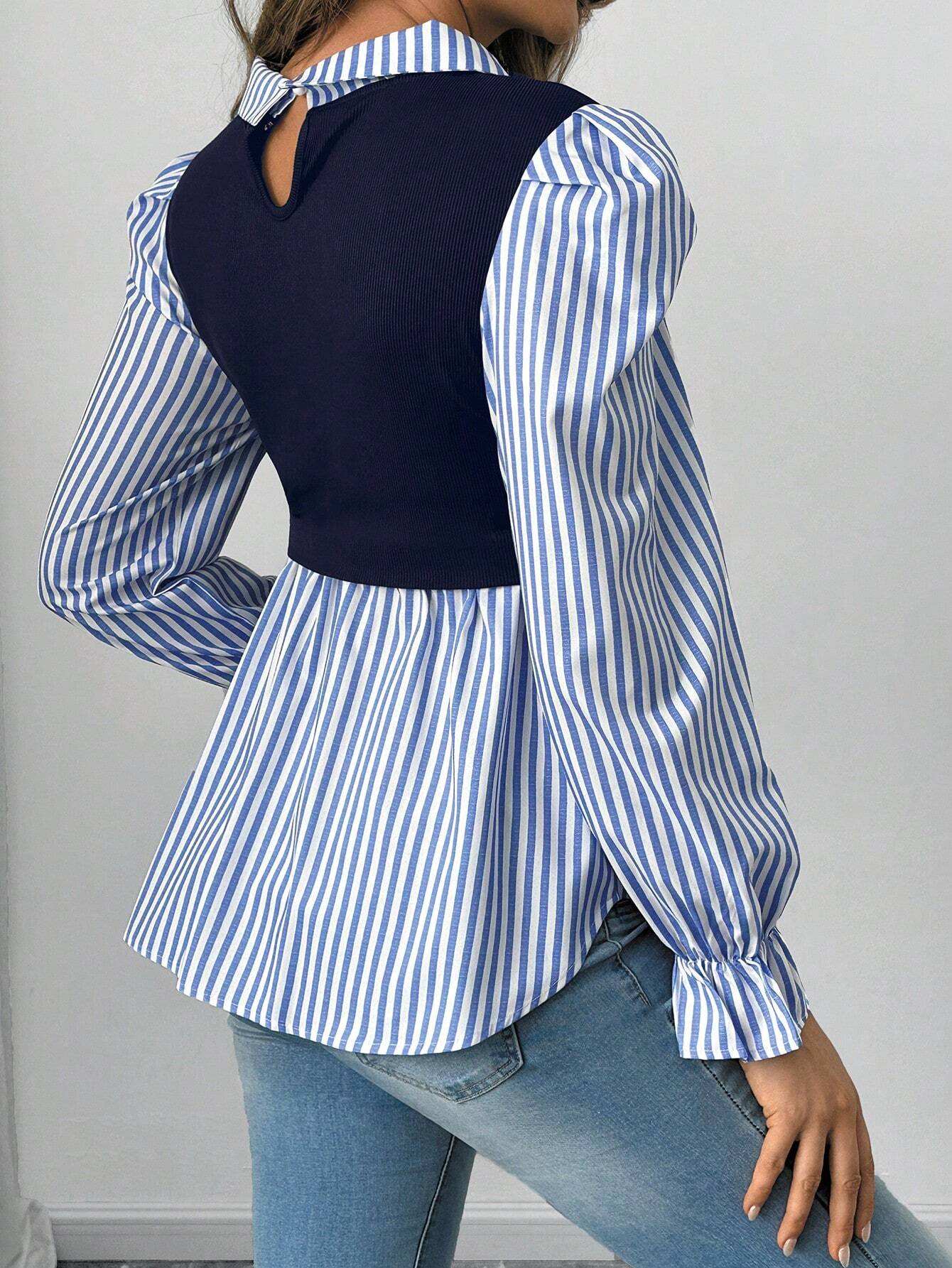 قميص أمومة قابل للتحويل، بأكمام منتفخة وألوان شريطية معتمة للربيع/الخريف ،قابل للارضاعة - Pink&blue