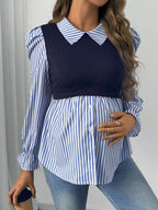 قميص أمومة قابل للتحويل، بأكمام منتفخة وألوان شريطية معتمة للربيع/الخريف ،قابل للارضاعة - Pink&blue