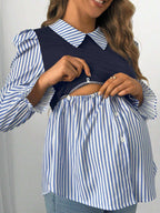 قميص أمومة قابل للتحويل، بأكمام منتفخة وألوان شريطية معتمة للربيع/الخريف ،قابل للارضاعة - Pink&blue