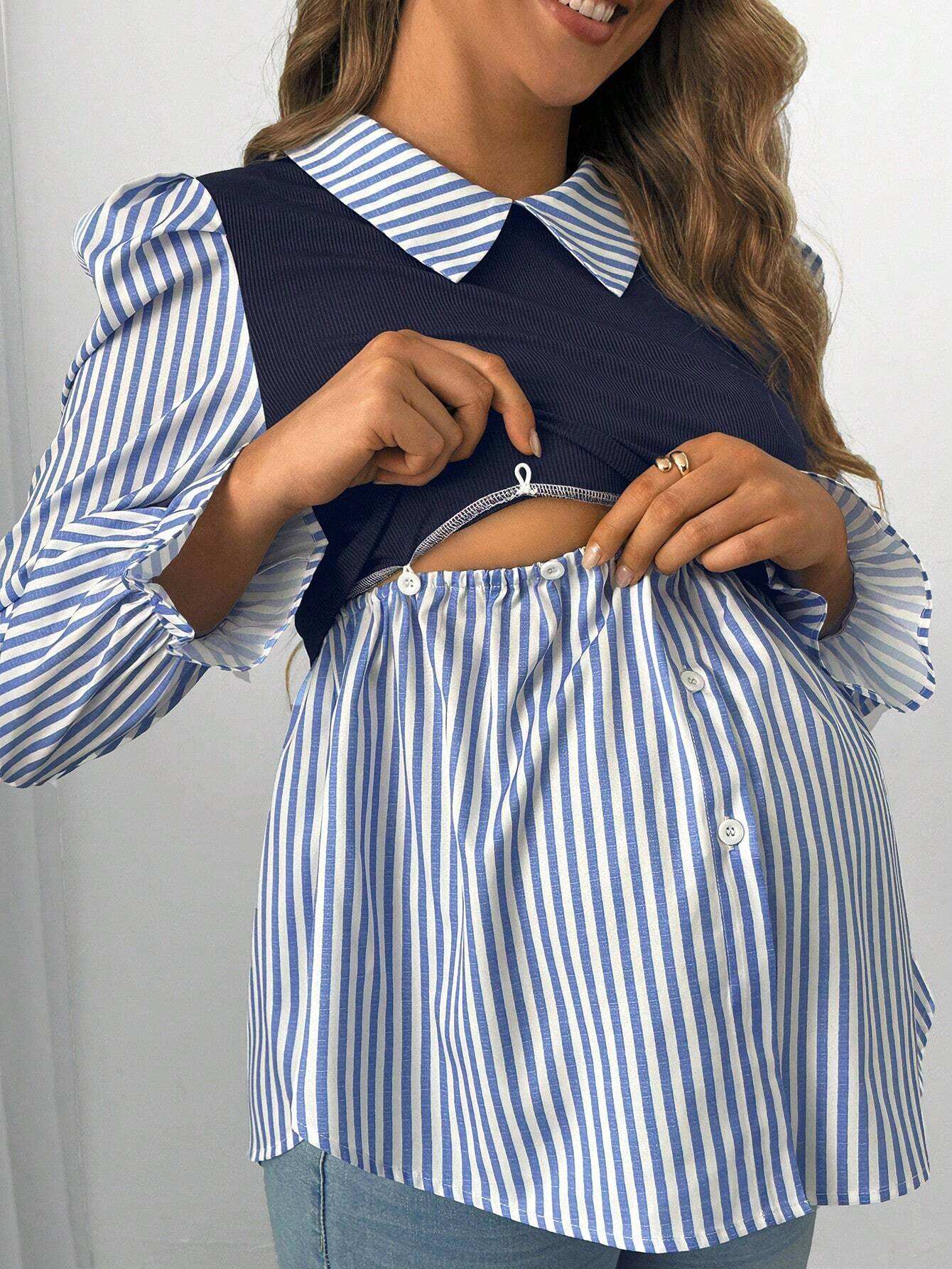 قميص أمومة قابل للتحويل، بأكمام منتفخة وألوان شريطية معتمة للربيع/الخريف ،قابل للارضاعة - Pink&blue