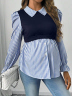 قميص أمومة قابل للتحويل، بأكمام منتفخة وألوان شريطية معتمة للربيع/الخريف ،قابل للارضاعة - Pink&blue