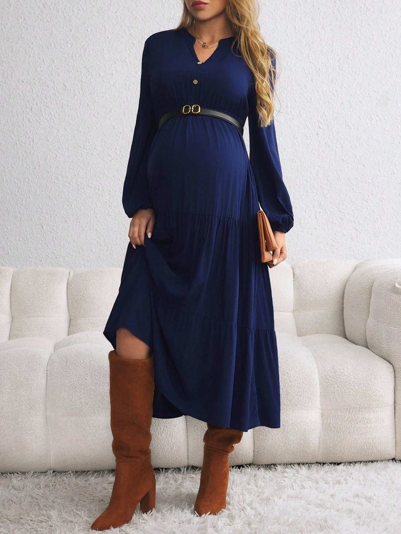 فستان متوسط الطول للحوامل بأكمام فانوس وأذيال بكسرات وأزرار فردية، خريفي - Pink&blue