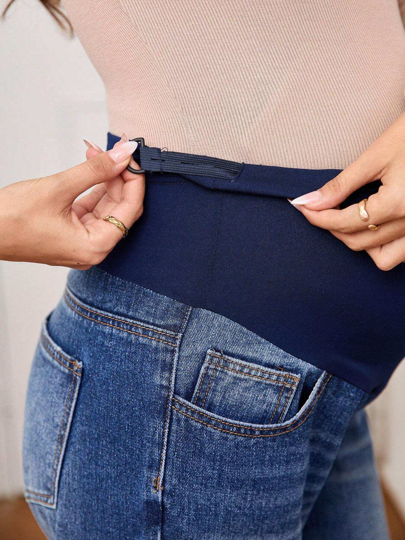 سراويل جينز ذات ساق مستقيمة، بتصميم رقعي بالتباين للحوامل - Pink&blue