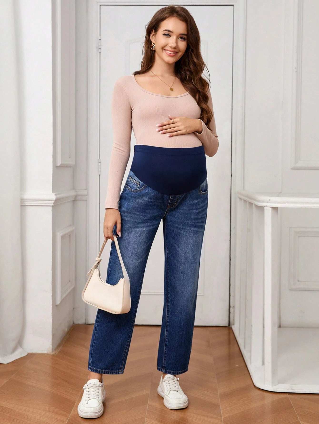 سراويل جينز ذات ساق مستقيمة، بتصميم رقعي بالتباين للحوامل - Pink&blue