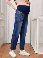 سراويل جينز ذات ساق مستقيمة، بتصميم رقعي بالتباين للحوامل - Pink&blue