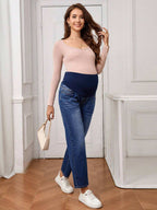 سراويل جينز ذات ساق مستقيمة، بتصميم رقعي بالتباين للحوامل - Pink&blue