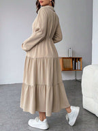 فستان قميص محبوك بفتحات و تنورة مذيلة بالكشكشة و حزام ، فستان قميص محبوك بحزام - Pink&blue