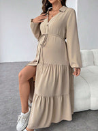 فستان قميص محبوك بفتحات و تنورة مذيلة بالكشكشة و حزام ، فستان قميص محبوك بحزام - Pink&blue