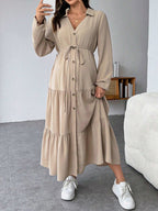 فستان قميص محبوك بفتحات و تنورة مذيلة بالكشكشة و حزام ، فستان قميص محبوك بحزام - Pink&blue