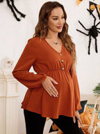 قميص فضفاض مع زخرفة أزرار وأكمام فانوس ياقة V أحادي اللون للحوامل - Pink&blue