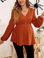 قميص فضفاض مع زخرفة أزرار وأكمام فانوس ياقة V أحادي اللون للحوامل - Pink&blue