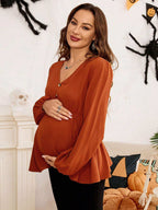 قميص فضفاض مع زخرفة أزرار وأكمام فانوس ياقة V أحادي اللون للحوامل - Pink&blue