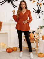 قميص فضفاض مع زخرفة أزرار وأكمام فانوس ياقة V أحادي اللون للحوامل - Pink&blue