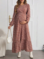 فستان أكمام طويلة ذو طبعة زهرية وكشكش عند الهامش للأمومة بياقة مستديرة - Pink&blue