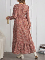 فستان أكمام طويلة ذو طبعة زهرية وكشكش عند الهامش للأمومة بياقة مستديرة - Pink&blue