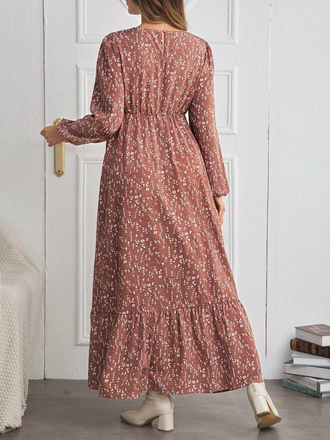 فستان أكمام طويلة ذو طبعة زهرية وكشكش عند الهامش للأمومة بياقة مستديرة - Pink&blue