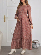 فستان أكمام طويلة ذو طبعة زهرية وكشكش عند الهامش للأمومة بياقة مستديرة - Pink&blue