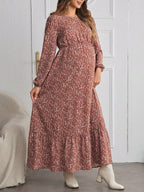 فستان أكمام طويلة ذو طبعة زهرية وكشكش عند الهامش للأمومة بياقة مستديرة - Pink&blue