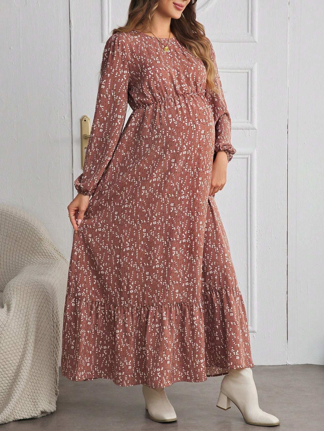 فستان أكمام طويلة ذو طبعة زهرية وكشكش عند الهامش للأمومة بياقة مستديرة - Pink&blue