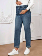 أبنطلون جينز منتفخ مستقيم الساق عصري مع جيوب وأزرار أمامية للحوامل - Pink&blue