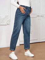 أبنطلون جينز منتفخ مستقيم الساق عصري مع جيوب وأزرار أمامية للحوامل - Pink&blue