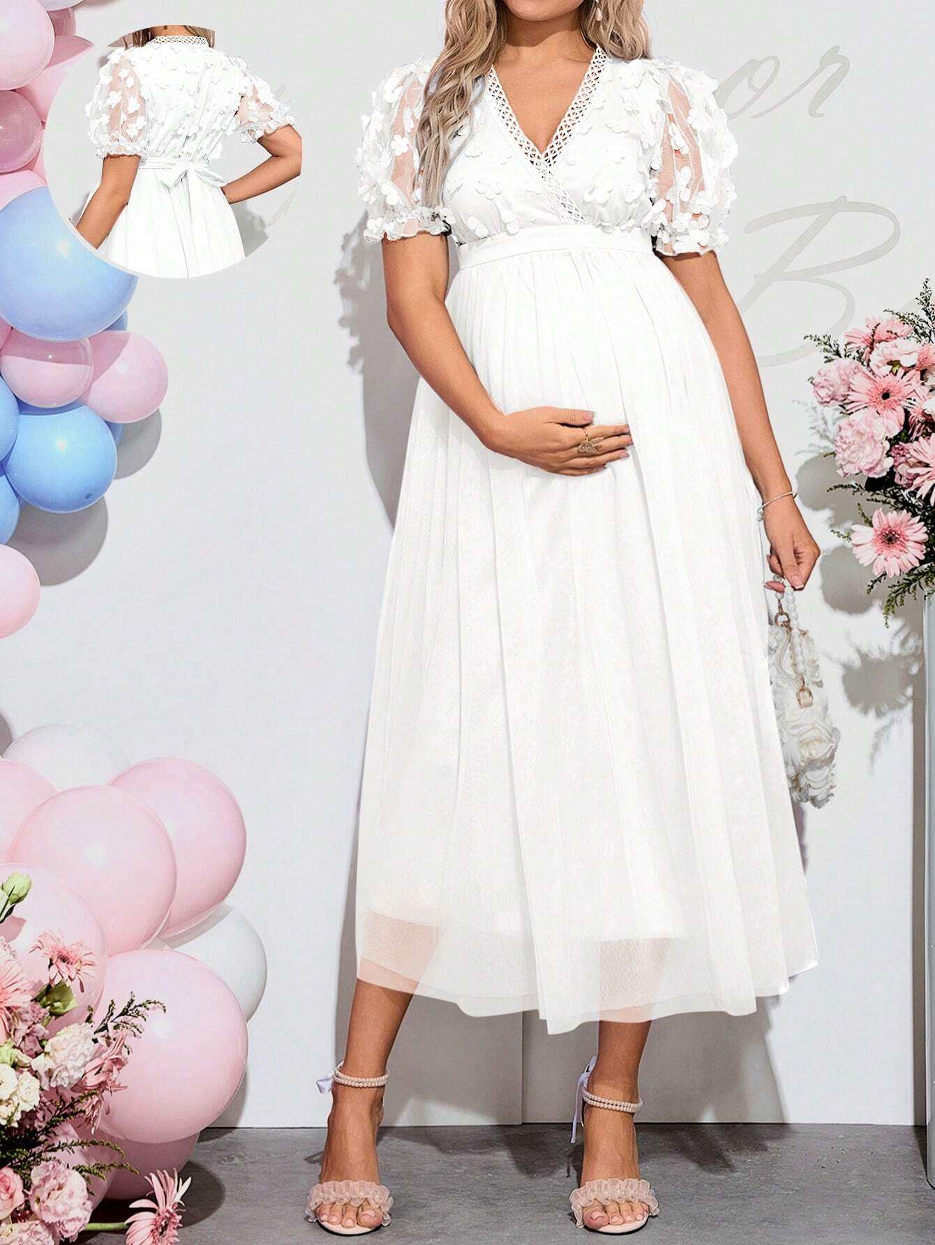 فستان كشف جنس الطفل للحوامل، رقبة على شكل حرف V، شفاف مع تباين أكمام قصيرة، مناسب تمامًا لحفلات الاستقبال باستقبال الطفل أو حفلات العطلات - Pink&blue