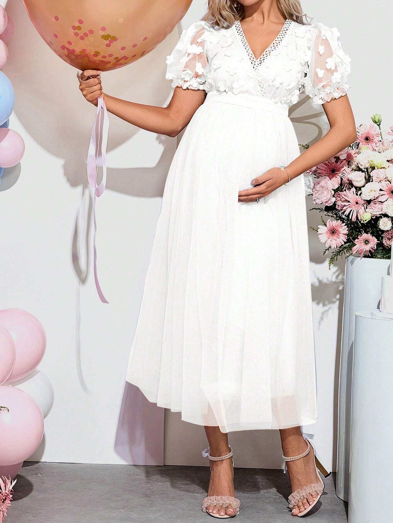 فستان كشف جنس الطفل للحوامل، رقبة على شكل حرف V، شفاف مع تباين أكمام قصيرة، مناسب تمامًا لحفلات الاستقبال باستقبال الطفل أو حفلات العطلات - Pink&blue