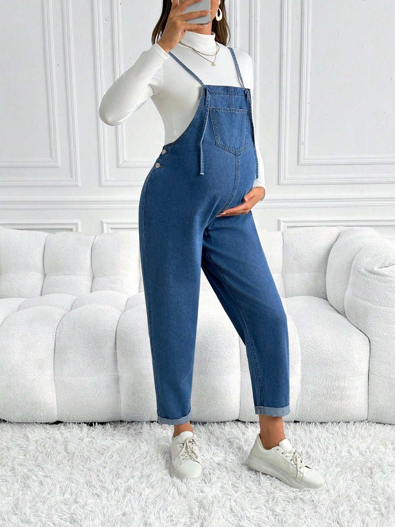 سروال وسترة جينز للحوامل, سراويل فضفاضة كاجوال بطول ٣/٤, أزرق - Pink&blue