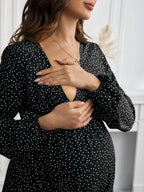 فستان طباعة كاملة الأكمام الطويلة مع شق في الفخذ، فستان حمل وإرضاع - Pink&blue