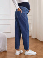 سراويل جينز بسيطة كاجوال وأزرار أمامية للأمومة - Pink&blue