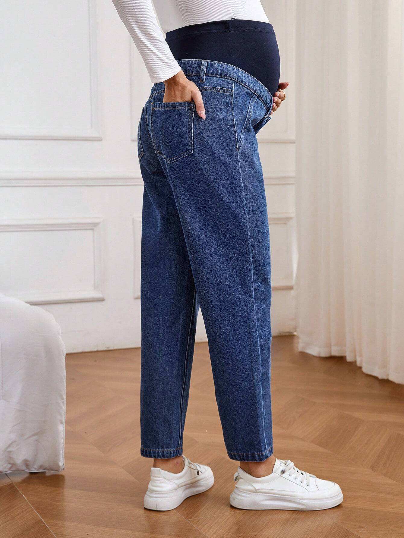 سراويل جينز بسيطة كاجوال وأزرار أمامية للأمومة - Pink&blue