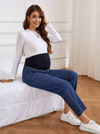 سراويل جينز بسيطة كاجوال وأزرار أمامية للأمومة - Pink&blue