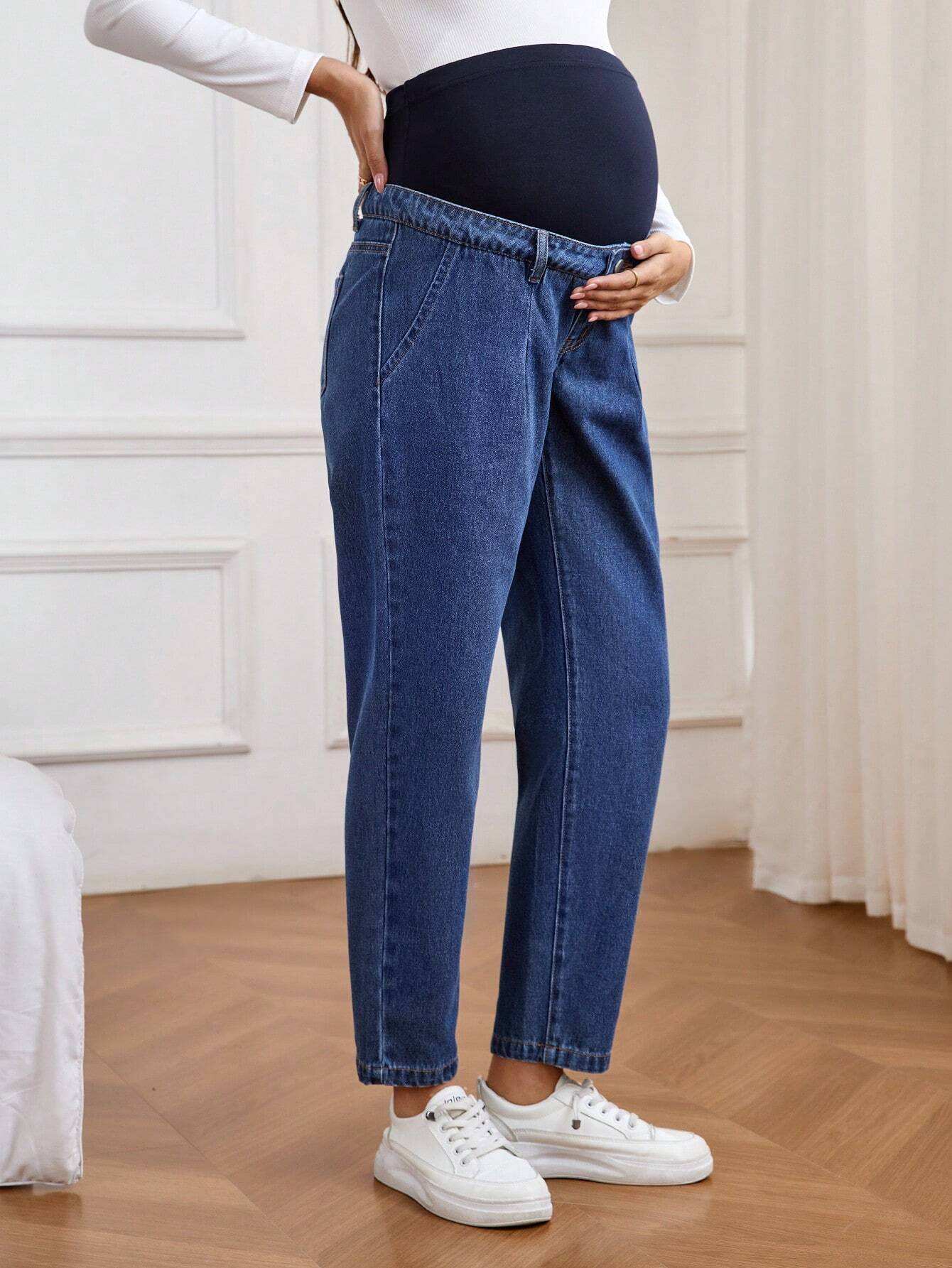 سراويل جينز بسيطة كاجوال وأزرار أمامية للأمومة - Pink&blue