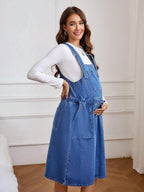 فستان أرديب كاجوال فضفاض أكمام بلا أكمام من الجينز مع جيوب ، صيفي - Pink&blue