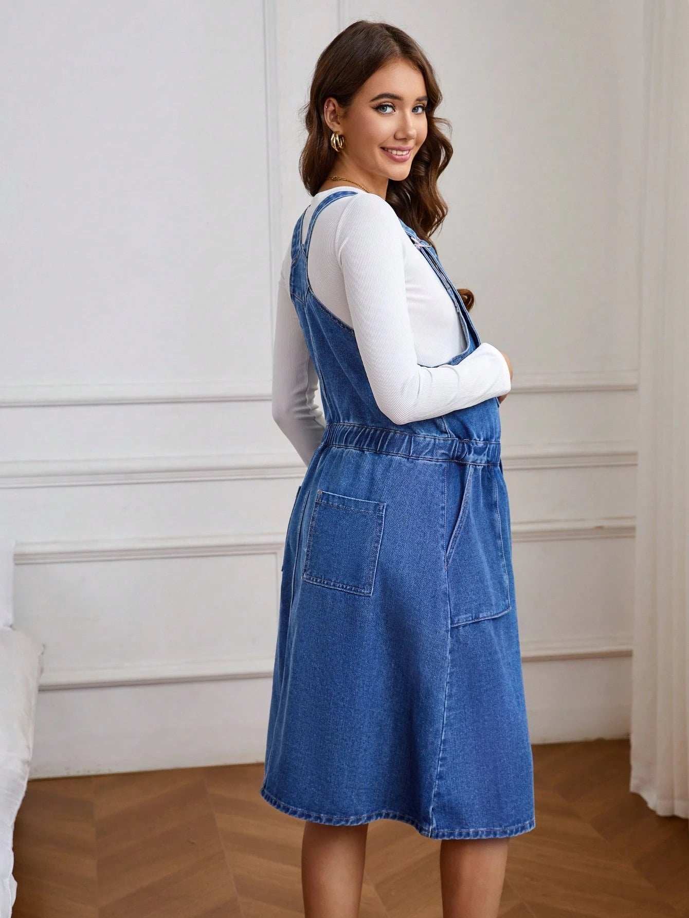 فستان أرديب كاجوال فضفاض أكمام بلا أكمام من الجينز مع جيوب ، صيفي - Pink&blue