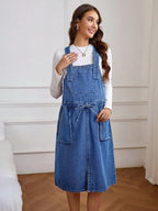 فستان أرديب كاجوال فضفاض أكمام بلا أكمام من الجينز مع جيوب ، صيفي - Pink&blue