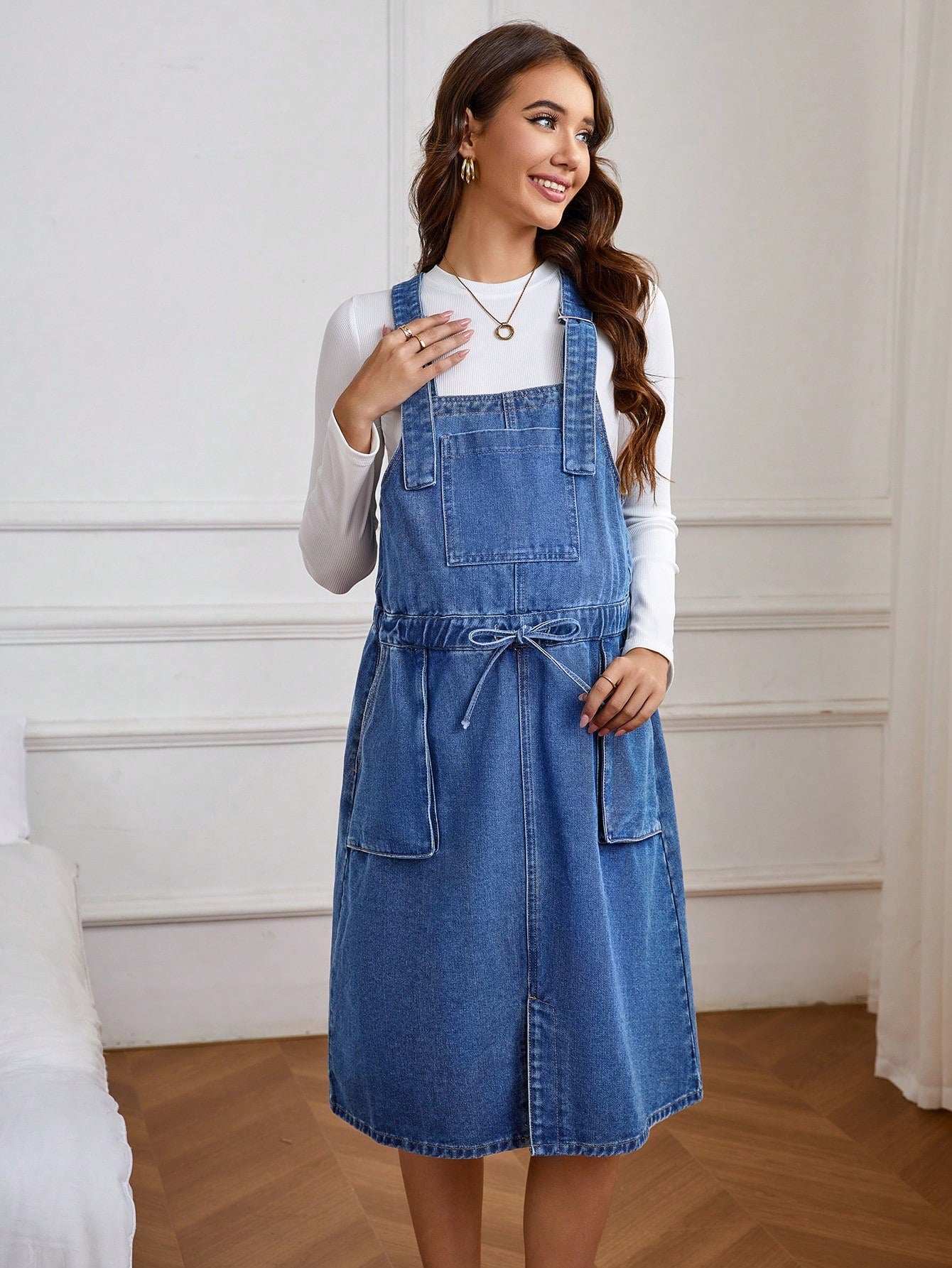 فستان أرديب كاجوال فضفاض أكمام بلا أكمام من الجينز مع جيوب ، صيفي - Pink&blue