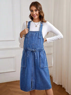 فستان أرديب كاجوال فضفاض أكمام بلا أكمام من الجينز مع جيوب ، صيفي - Pink&blue