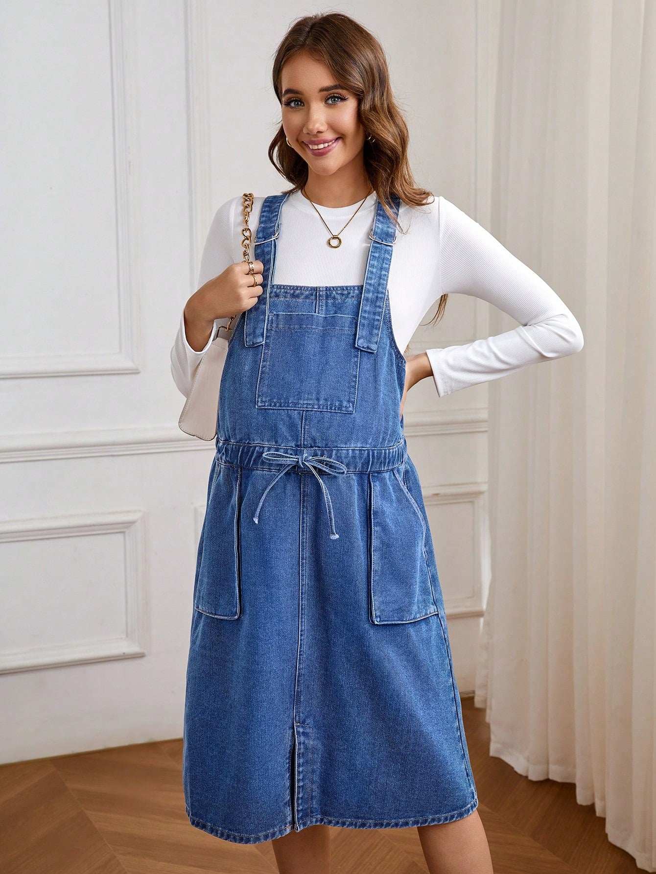 فستان أرديب كاجوال فضفاض أكمام بلا أكمام من الجينز مع جيوب ، صيفي - Pink&blue