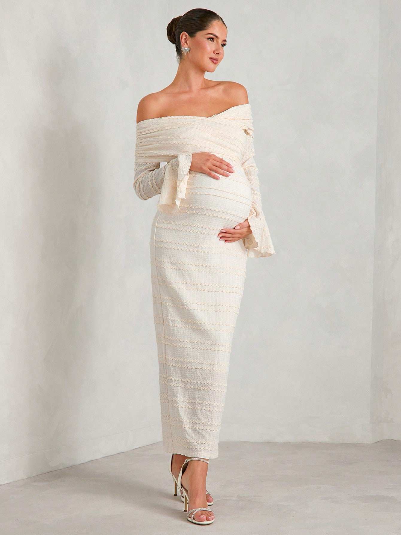 فستان أكتاف مكشوفة صلب للحوامل، قماش مموج طويل الأكمام، مناسب للحفلات والزفاف والسهرات وأعياد المواليد في فصلي الربيع والخريف - Pink&blue