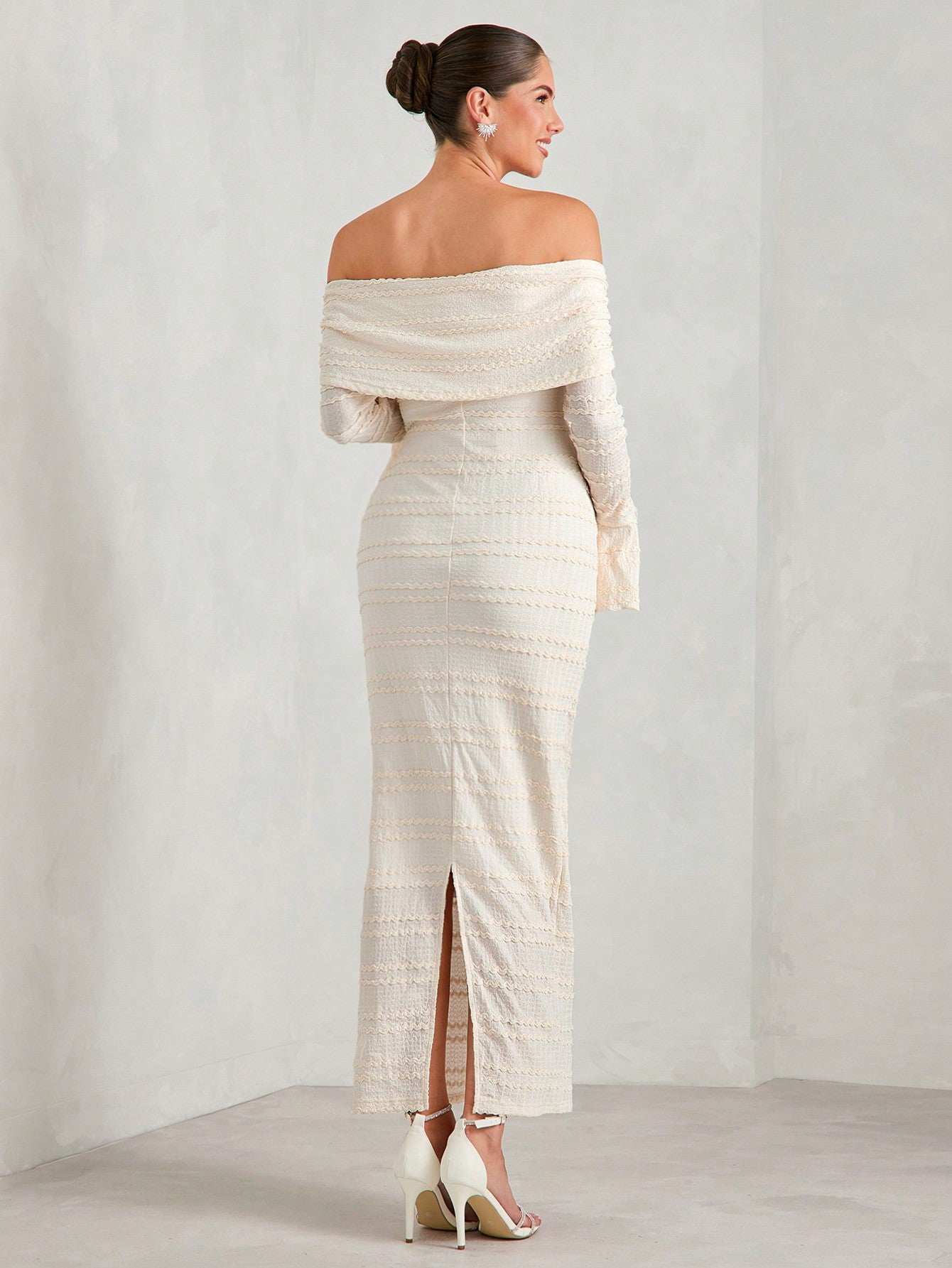 فستان أكتاف مكشوفة صلب للحوامل، قماش مموج طويل الأكمام، مناسب للحفلات والزفاف والسهرات وأعياد المواليد في فصلي الربيع والخريف - Pink&blue