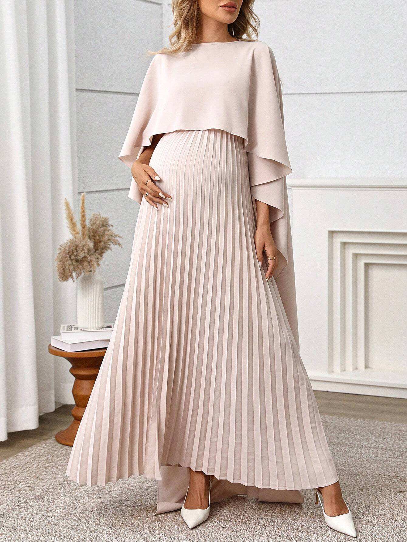 فستان ربيعي خفيف رسمي للأمهات بأكمام منسدلة ذو تصميم أنيق ولون أحادي بسيط - Pink&blue