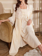 طقم ملابس نوم مطرز على الطراز القديم لفترة العطلات والإجازات للنساء - Pink&blue