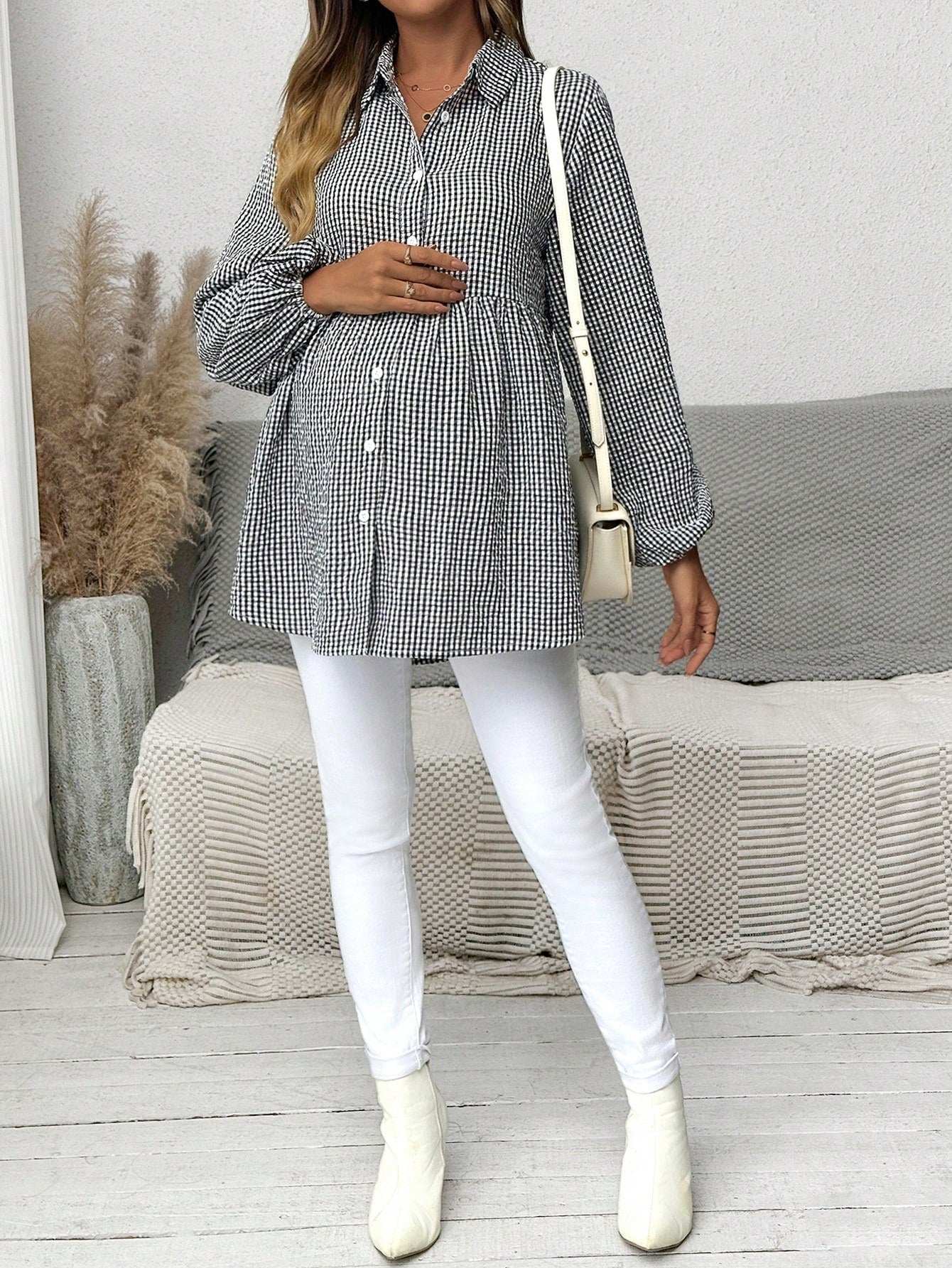 بلوزة أم للحمل بأكمام فانوس مربعة الشكل، كاجوال للخريف - Pink&blue