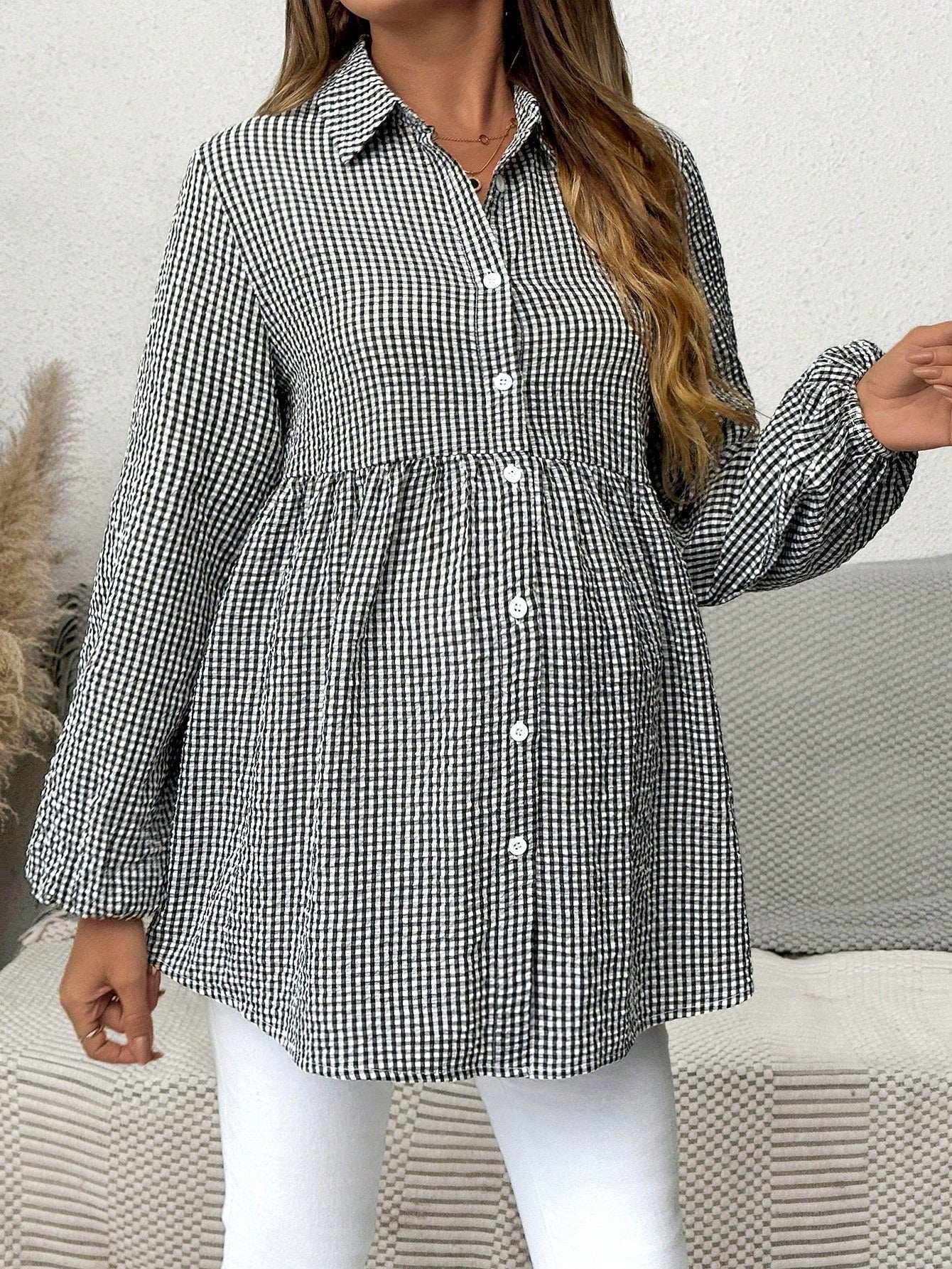 بلوزة أم للحمل بأكمام فانوس مربعة الشكل، كاجوال للخريف - Pink&blue