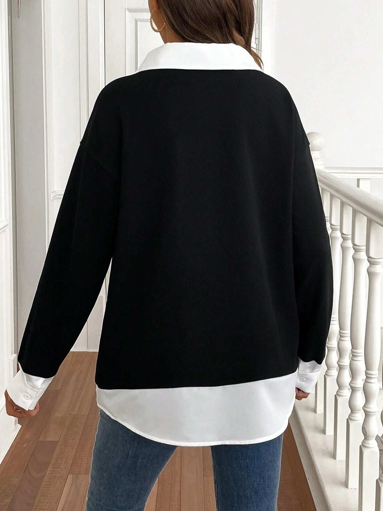 البس اليومي, أنيق, كاجوال, بسيط, كم طويل, لانها حوامل, أبيض وأسود, بلوزة بتصميم مرقع - Pink&blue