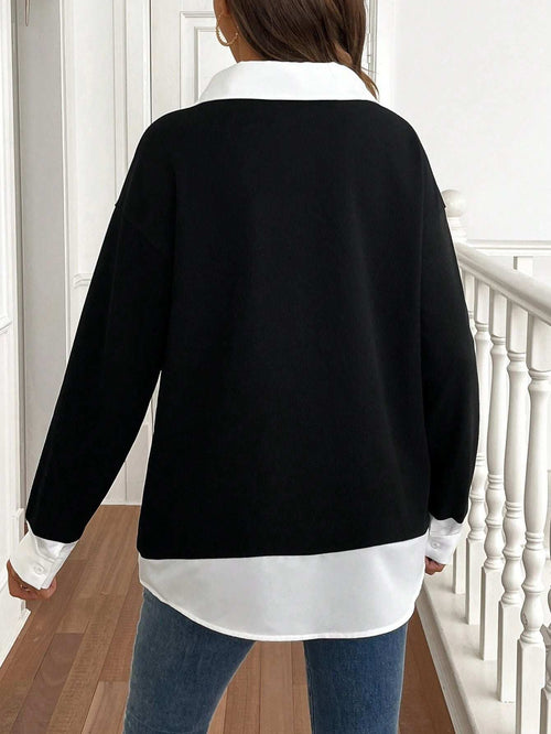 البس اليومي, أنيق, كاجوال, بسيط, كم طويل, لانها حوامل, أبيض وأسود, بلوزة بتصميم مرقع - Pink&blue